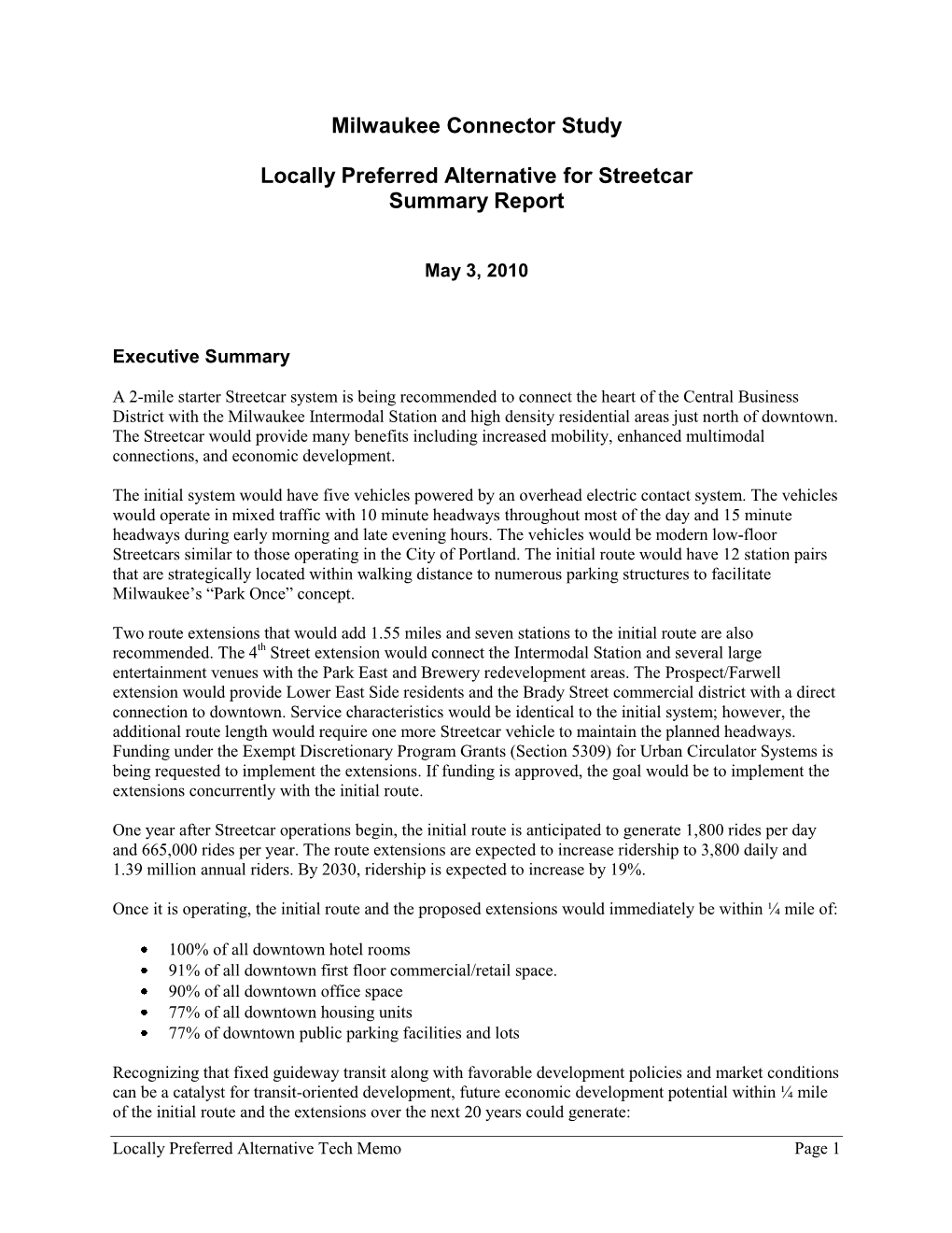 Milwaukee Connector Study Locally Preferred Alternative for Streetcar