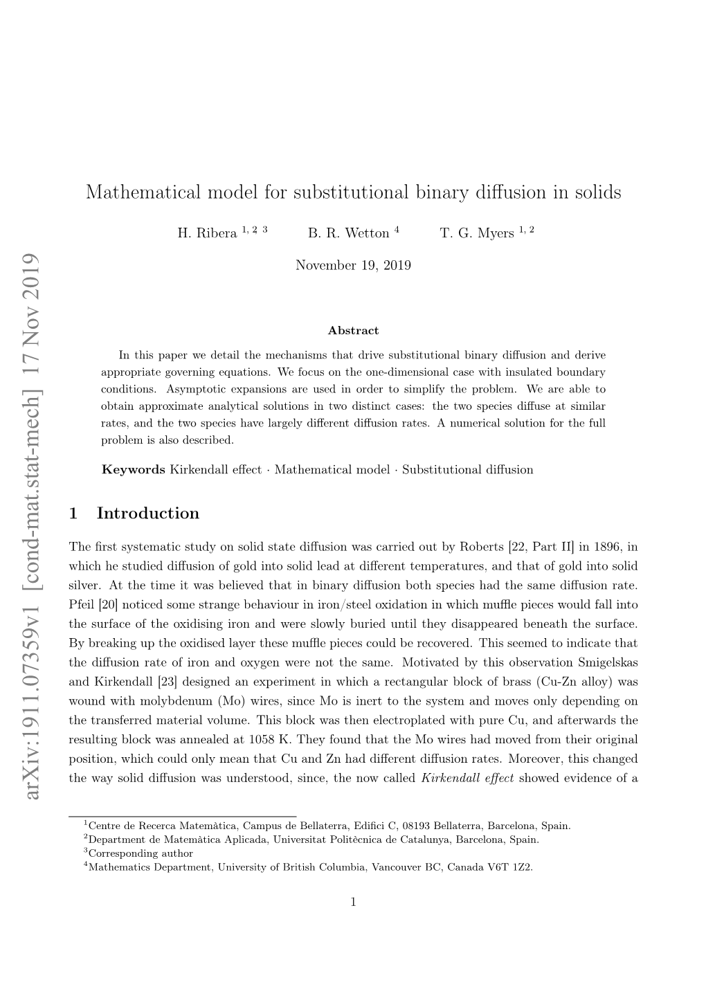 Mathematical Model for Substitutional Binary Diffusion in Solids