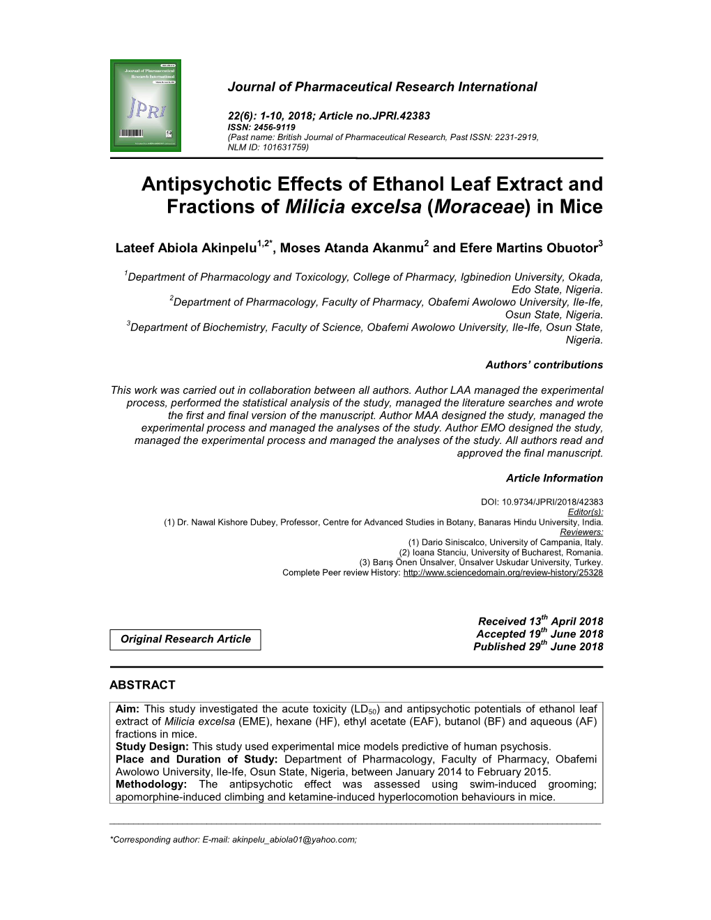 Antipsychotic Effects of Ethanol Leaf Extract and Fractions of Milicia Excelsa (Moraceae) in Mice