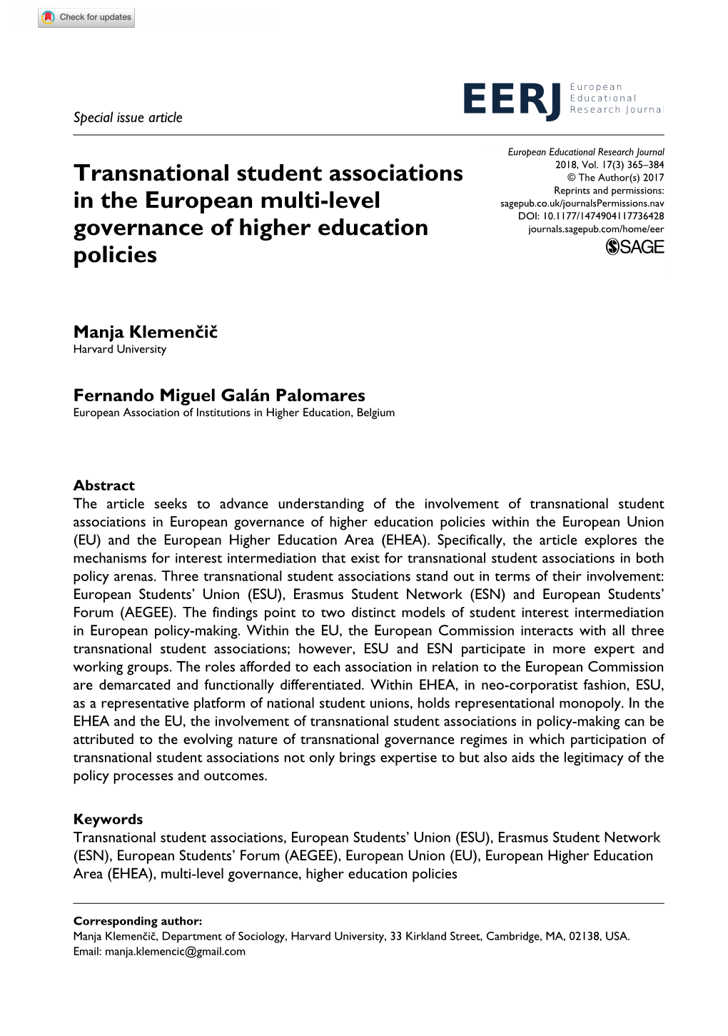 Transnational Student Associations in the European Multi-Level