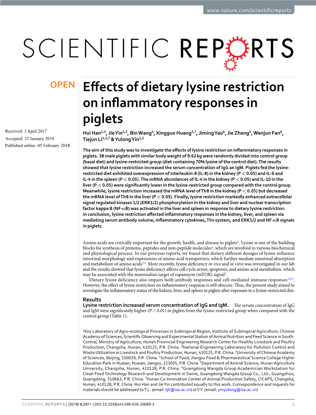 Effects of Dietary Lysine Restriction on Inflammatory Responses in Piglets