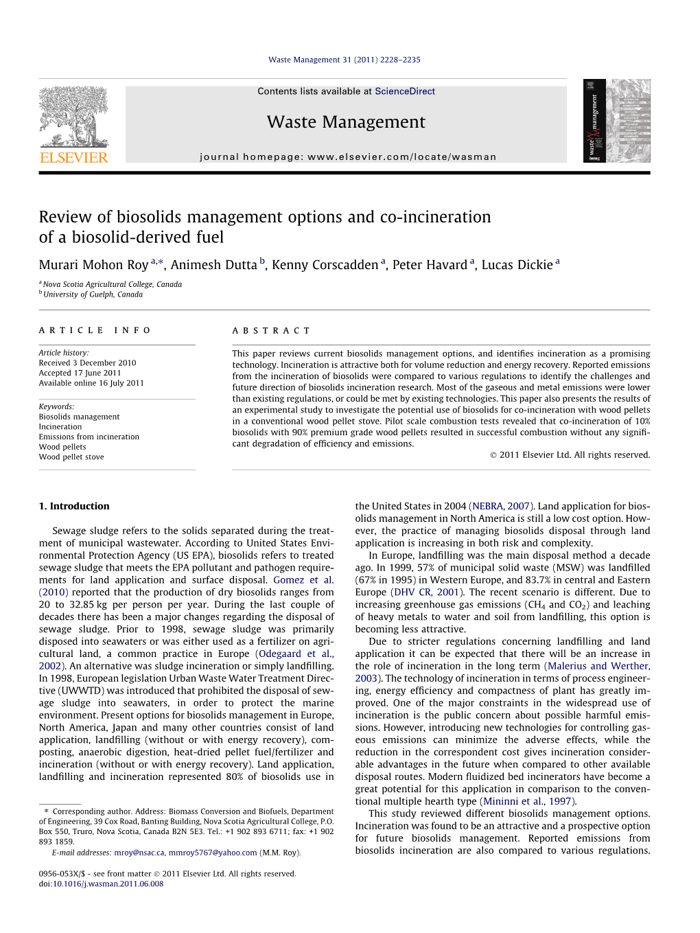 Review of Biosolids Management Options and Co-Incineration of A