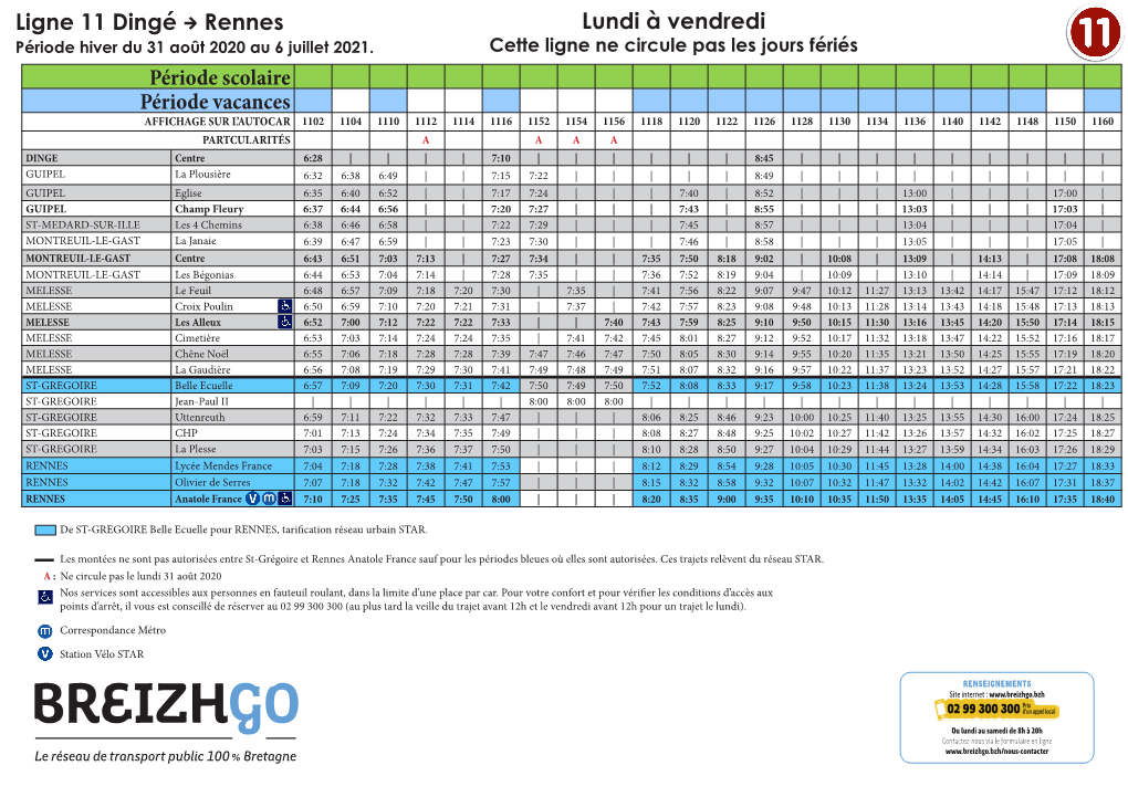 Ligne 11 Dingé 4 Rennes Période Scolaire Période Vacances Lundi À