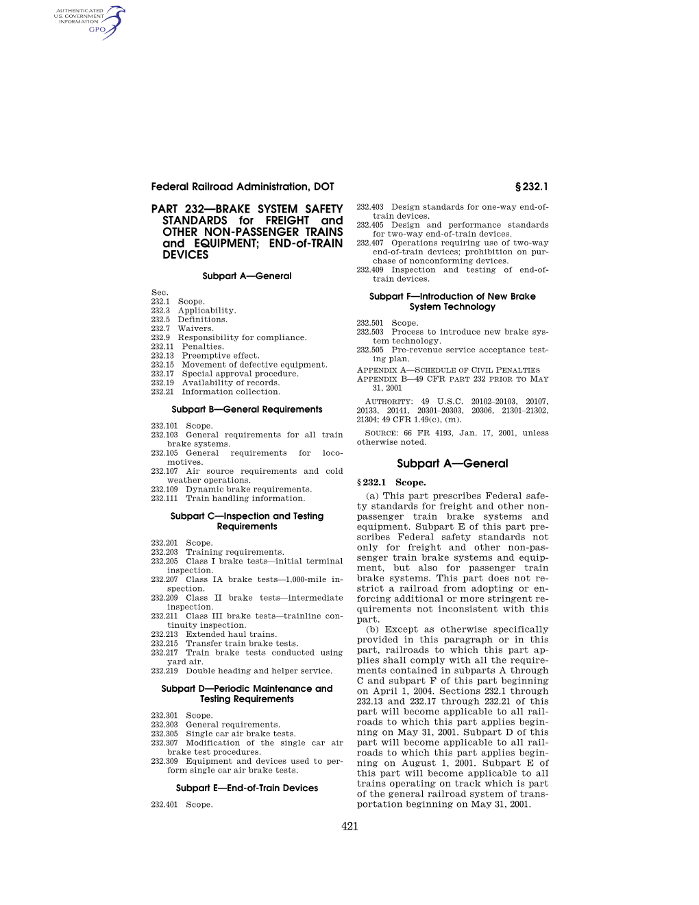 PART 232—BRAKE SYSTEM SAFETY STANDARDS for FREIGHT and OTHER NON-PASSENGER TRAINS and EQUIPMENT