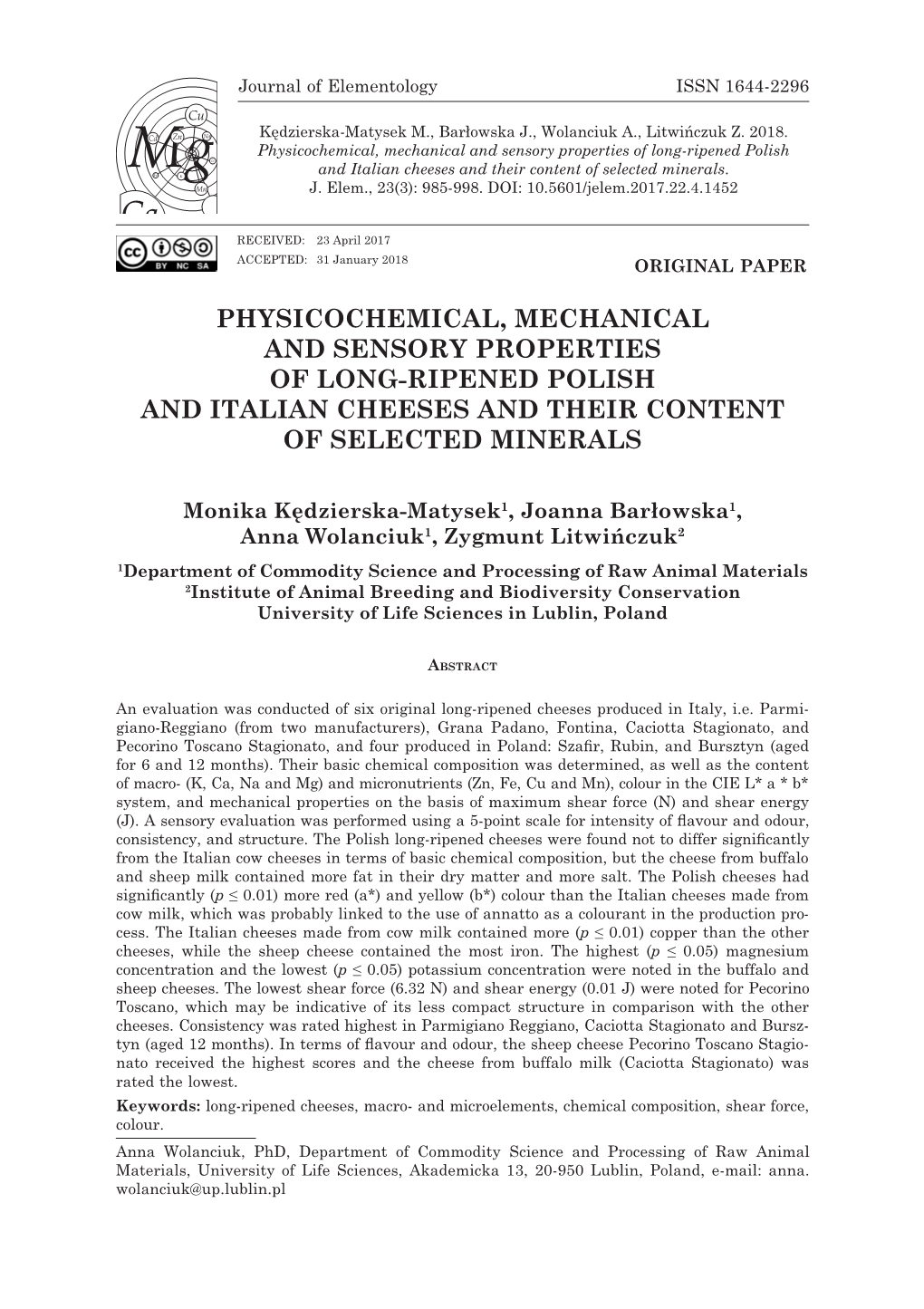 Physicochemical, Mechanical and Sensory Properties of Long-Ripened Polish and Italian Cheeses and Their Content of Selected Minerals