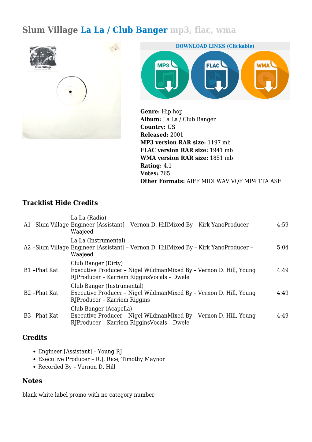 Slum Village La La / Club Banger Mp3, Flac, Wma