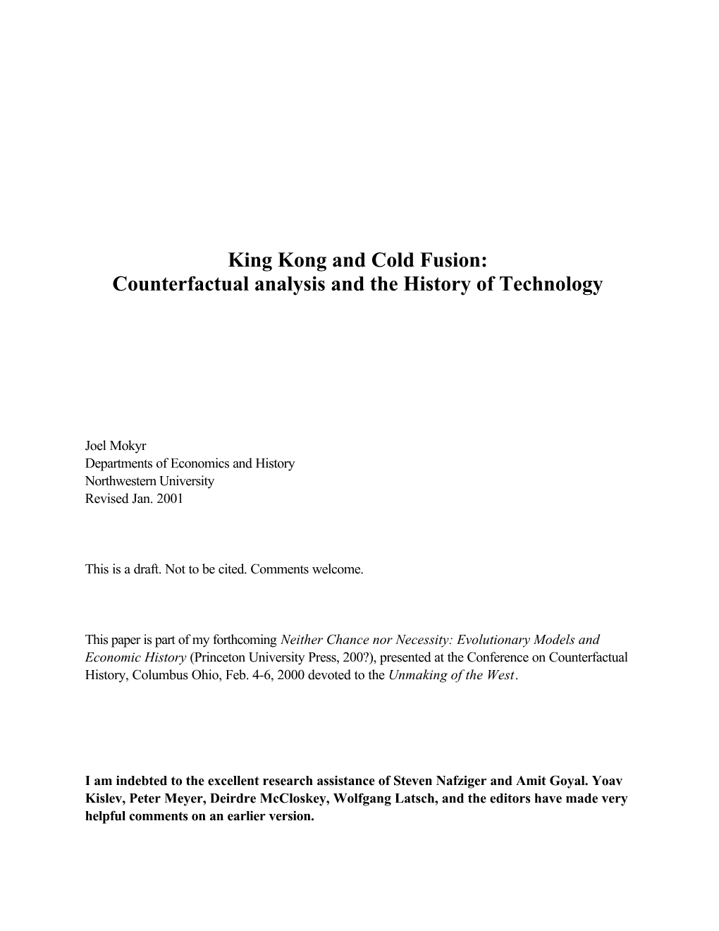 King Kong and Cold Fusion: Counterfactual Analysis and the History of Technology