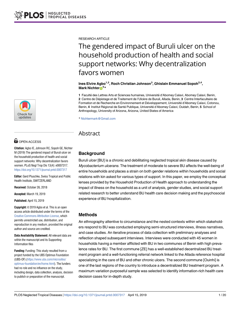 The Gendered Impact of Buruli Ulcer on the Household Production of Health and Social Support Networks: Why Decentralization Favors Women