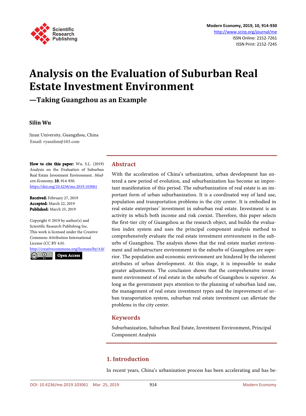 Analysis on the Evaluation of Suburban Real Estate Investment Environment —Taking Guangzhou As an Example