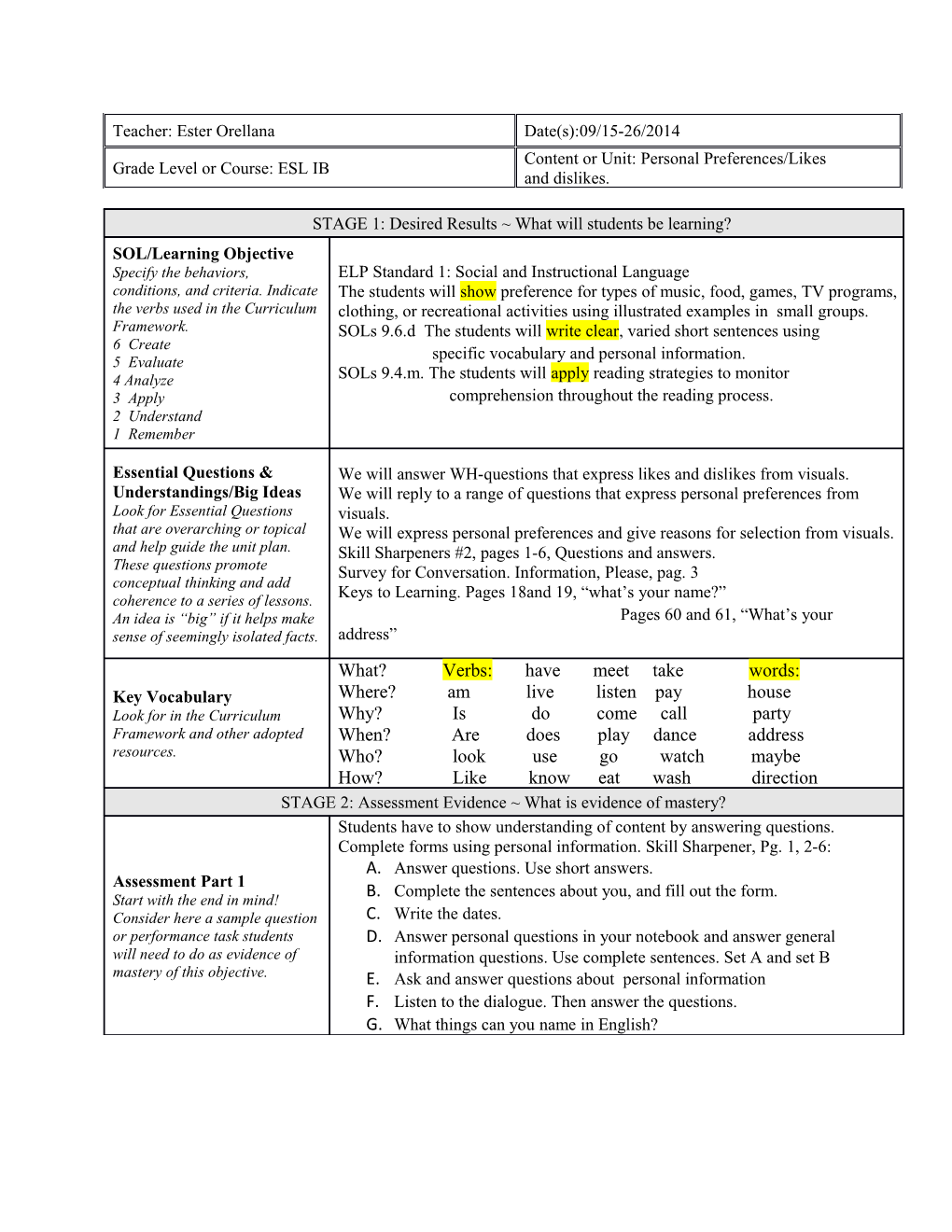 Grade Level Or Course: ESL IB