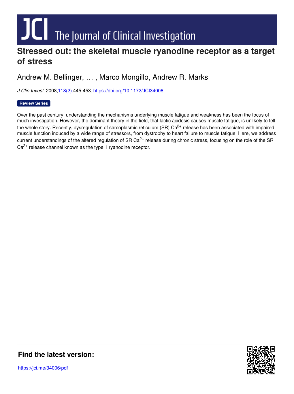 The Skeletal Muscle Ryanodine Receptor As a Target of Stress