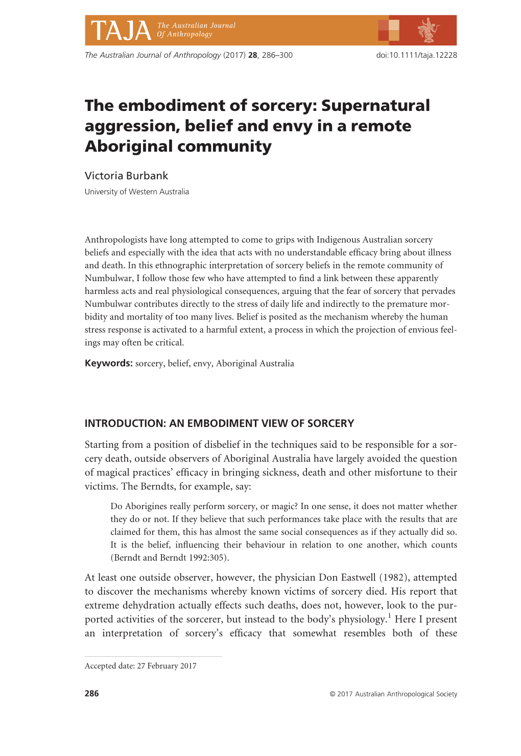 The Embodiment of Sorcery: Supernatural Aggression, Belief and Envy in a Remote Aboriginal Community