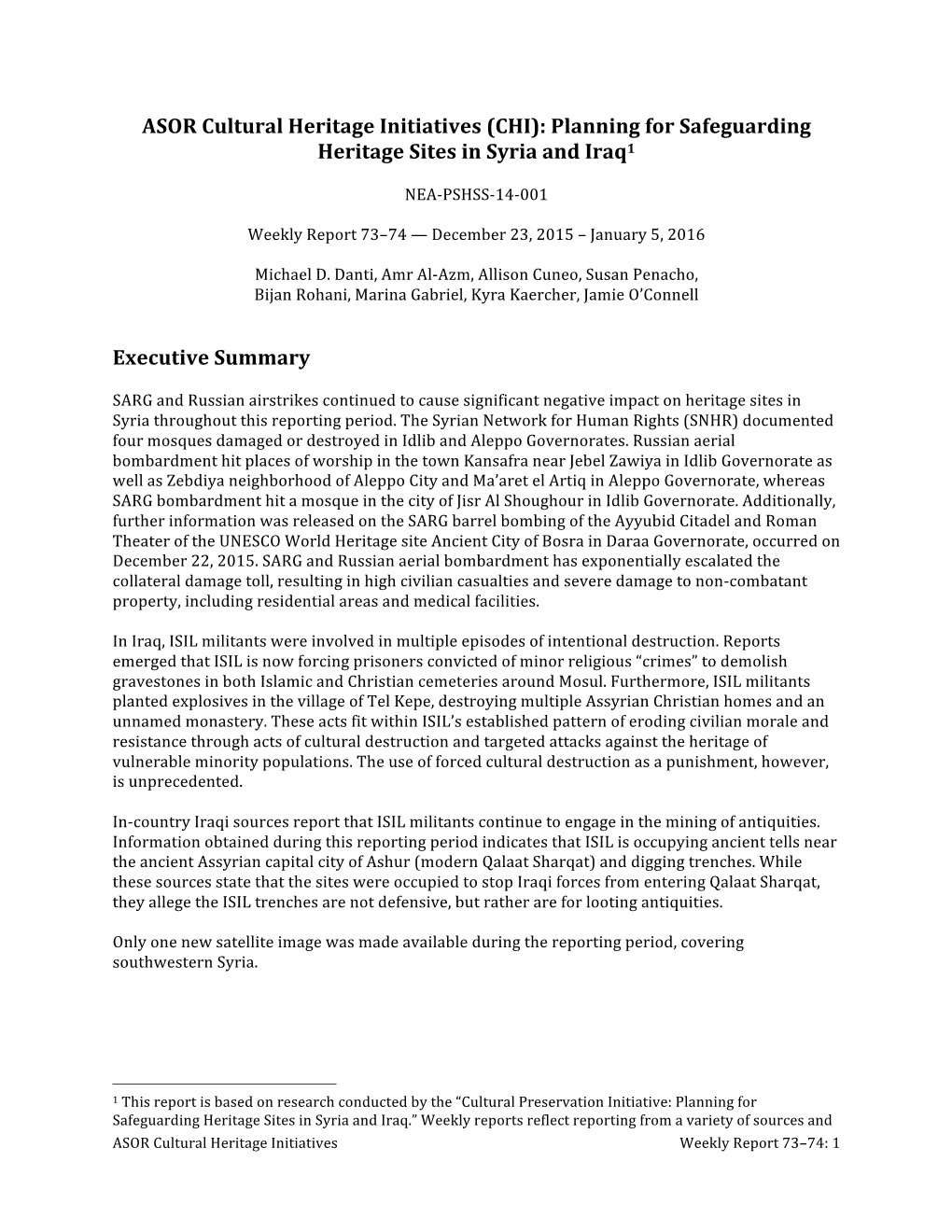 ASOR Cultural Heritage Initiatives (CHI): Planning for Safeguarding Heritage Sites in Syria and Iraq1