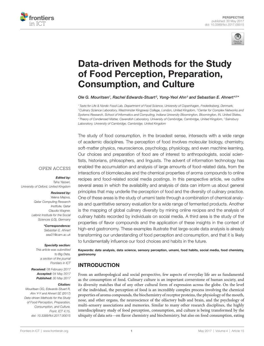 Data-Driven Methods for the Study of Food Perception, Preparation, Consumption, and Culture