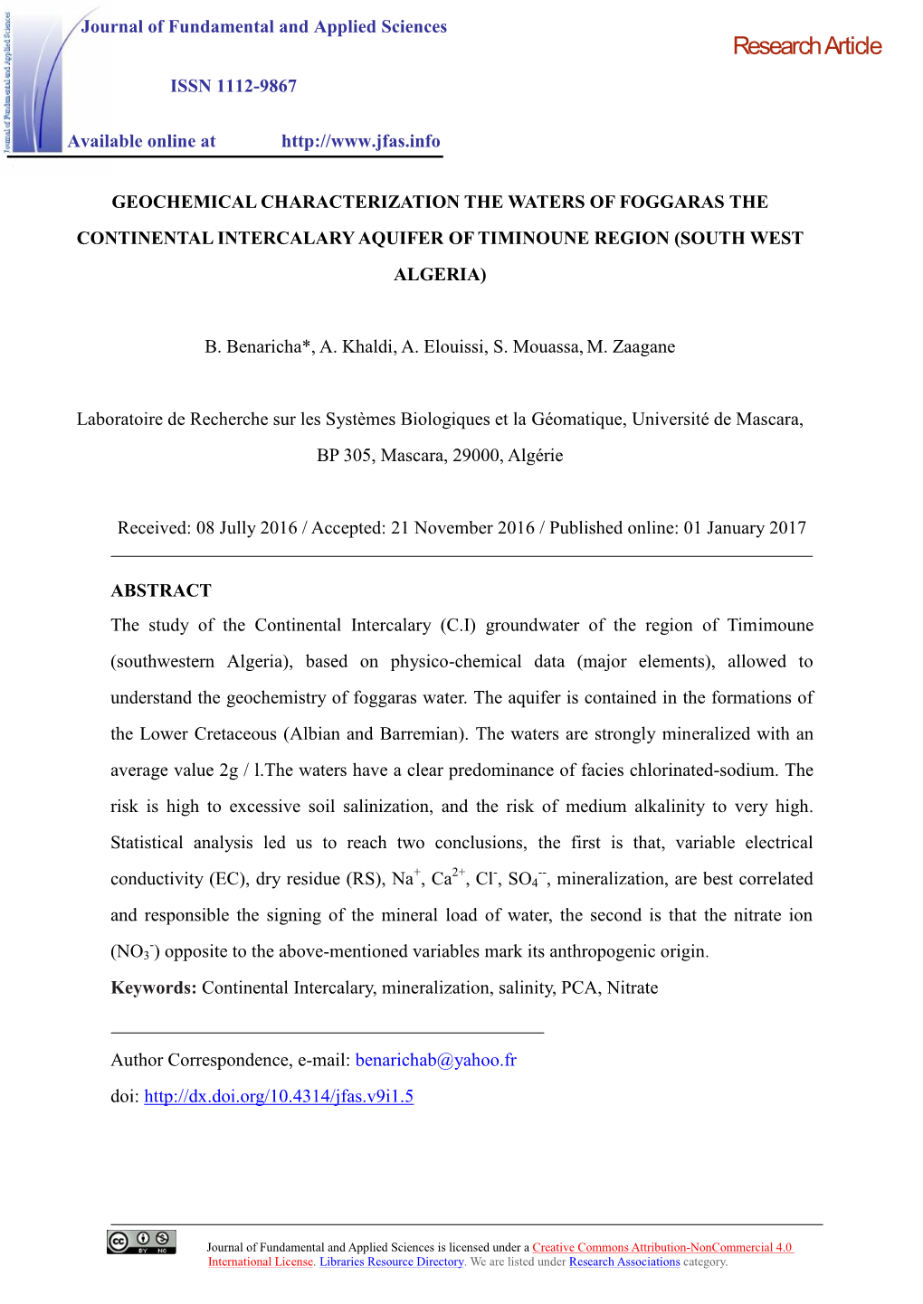 Geochemical Characterization the Waters of Foggaras the Continental Intercalary Aquifer of Timinoune Region (South West Algeria)