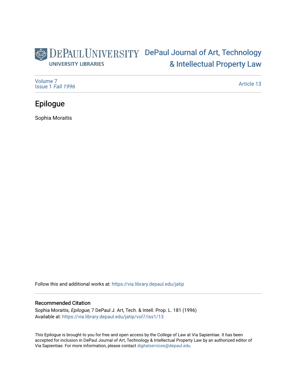 Depaul Journal of Art, Technology & Intellectual Property Law Epilogue
