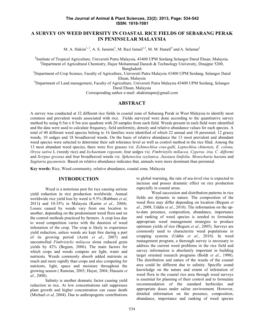 A Survey on Weed Diversity in Coastal Rice Fields of Sebarang Perak in Peninsular Malaysia