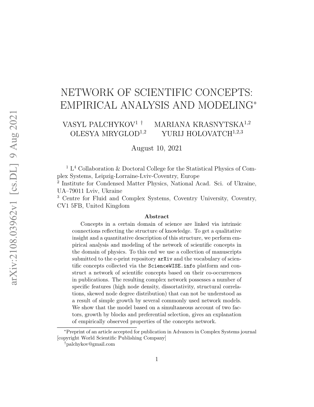 Network of Scientific Concepts: Empirical Analysis and Modeling∗