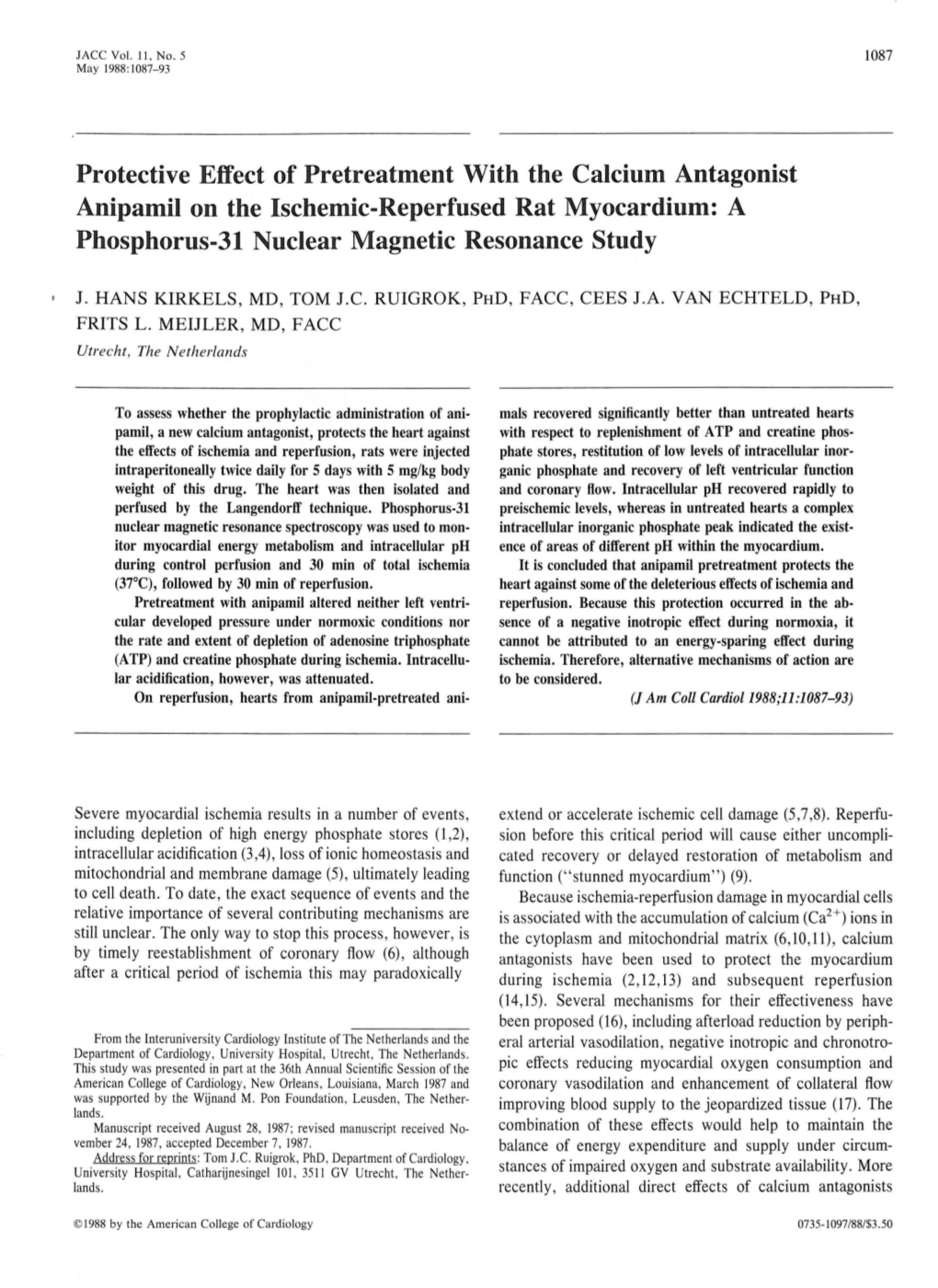 Protective Effect of Pretreatment with the Calcium Antagonist Anipamil on the Ischemic-Reperfused Rat Myocardium: a Phosphorus-31 Nuclear Magnetic Resonance Study