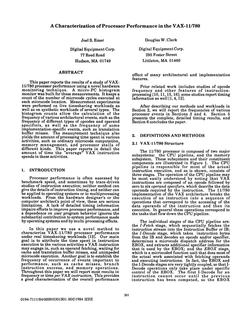 A Characterization of Processor Performance in the VAX-11/780