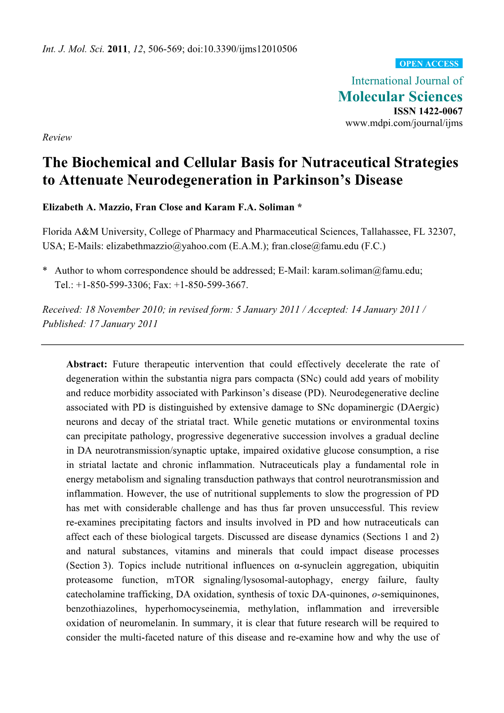 The Biochemical and Cellular Basis for Nutraceutical Strategies to Attenuate Neurodegeneration in Parkinson's Disease