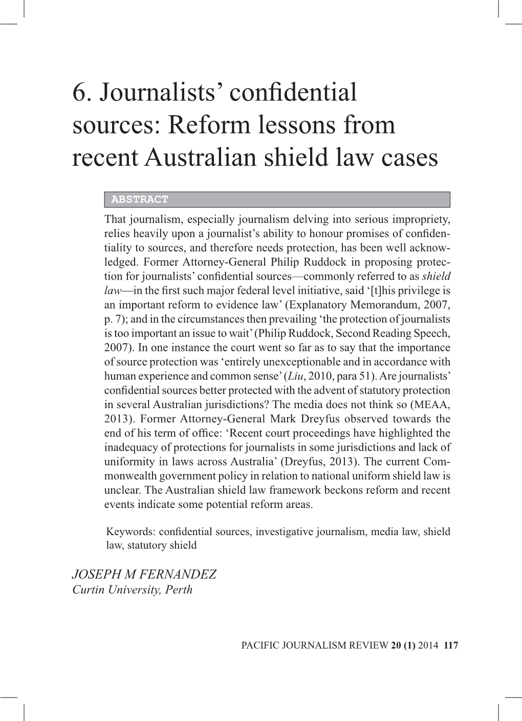 6. Journalists' Confidential Sources: Reform Lessons from Recent Australian Shield Law Cases