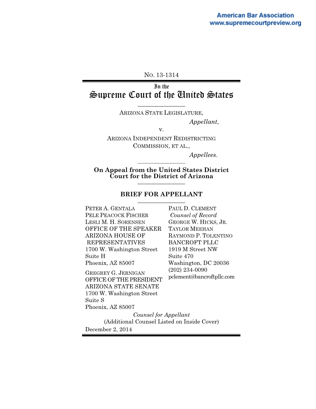 Brief for Appellant in Arizona State Legislature V. Arizona Independent Redistricting Commission