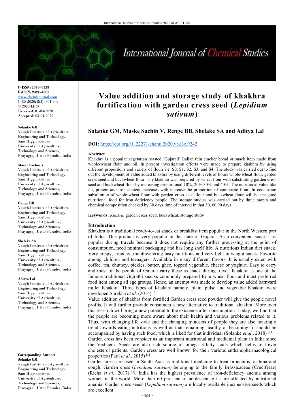 Value Addition and Storage Study of Khakhra Fortification with Garden