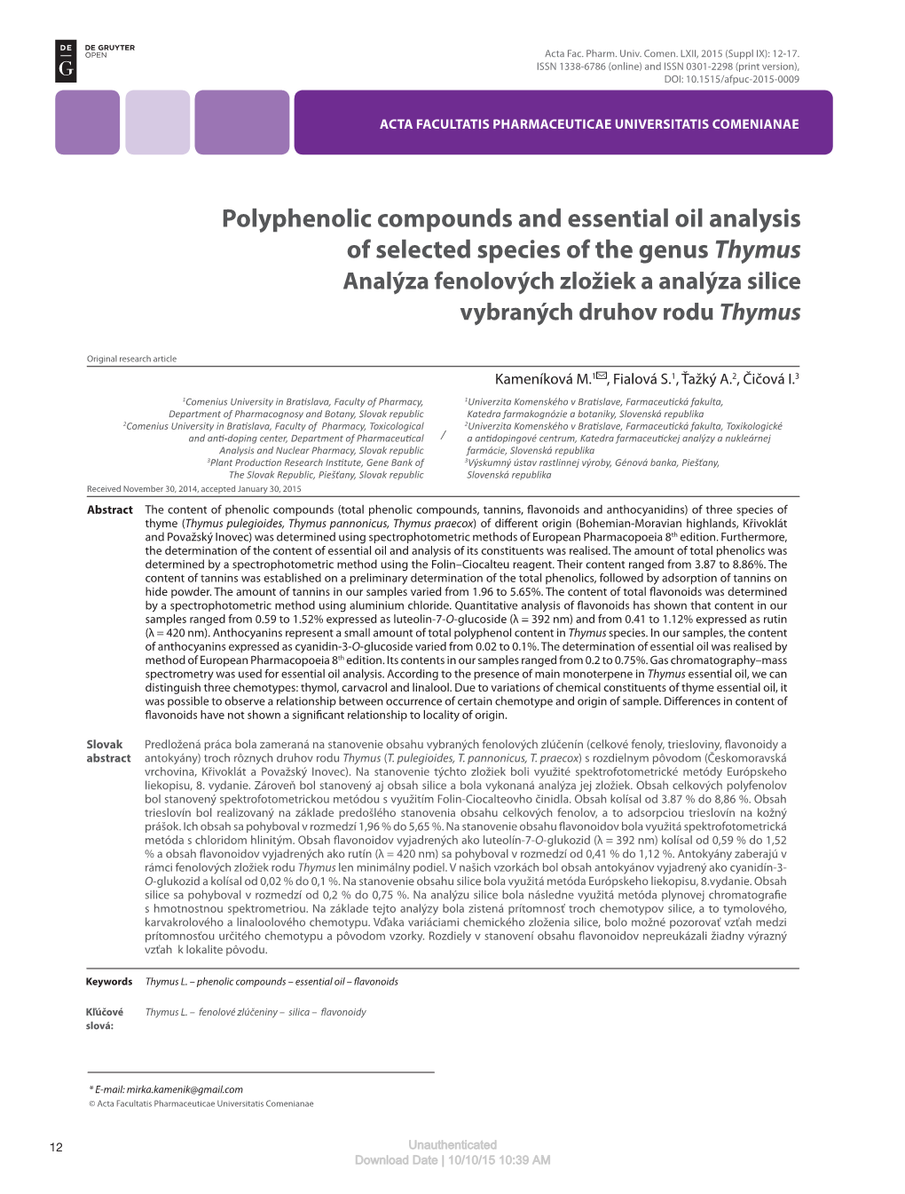 Polyphenolic Compounds and Essential Oil Analysis of Selected Species of the Genus Thymus Analýza Fenolových Zložiek a Analýza Silice Vybraných Druhov Rodu Thymus