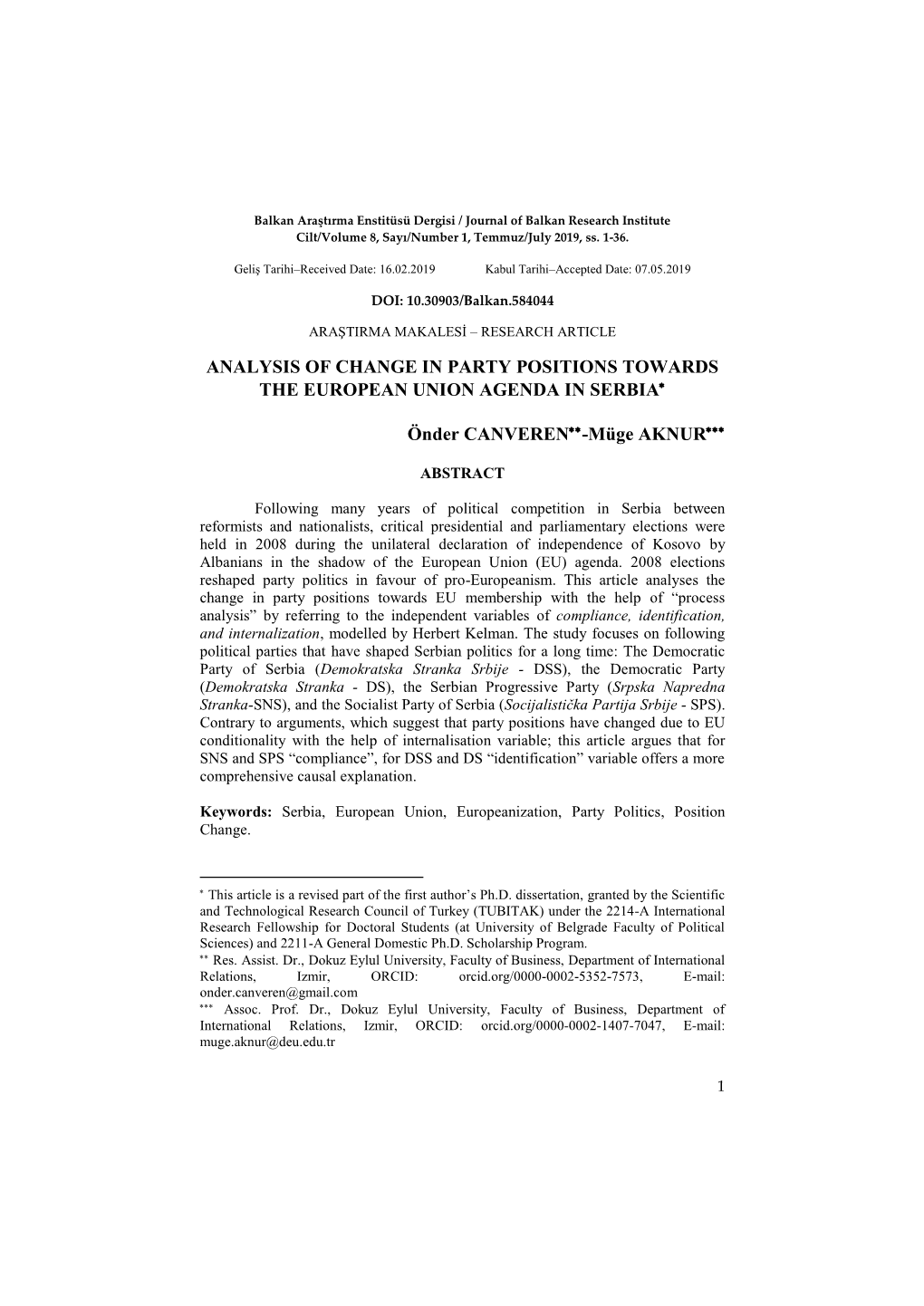 Analysis of Change in Party Positions Towards the European Union Agenda in Serbia