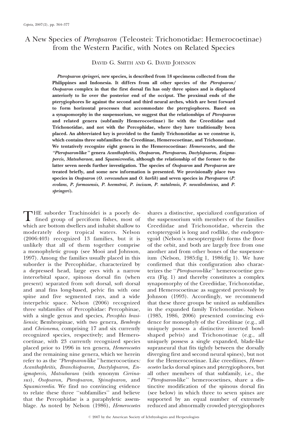 A New Species of Pteropsaron (Teleostei: Trichonotidae: Hemerocoetinae) from the Western Pacific, with Notes on Related Species