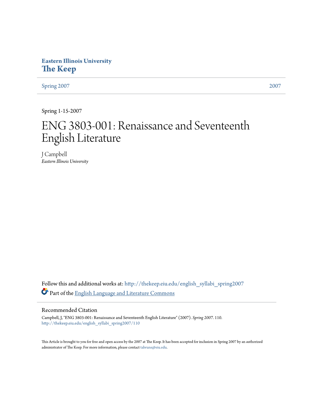 ENG 3803-001: Renaissance and Seventeenth English Literature J Campbell Eastern Illinois University