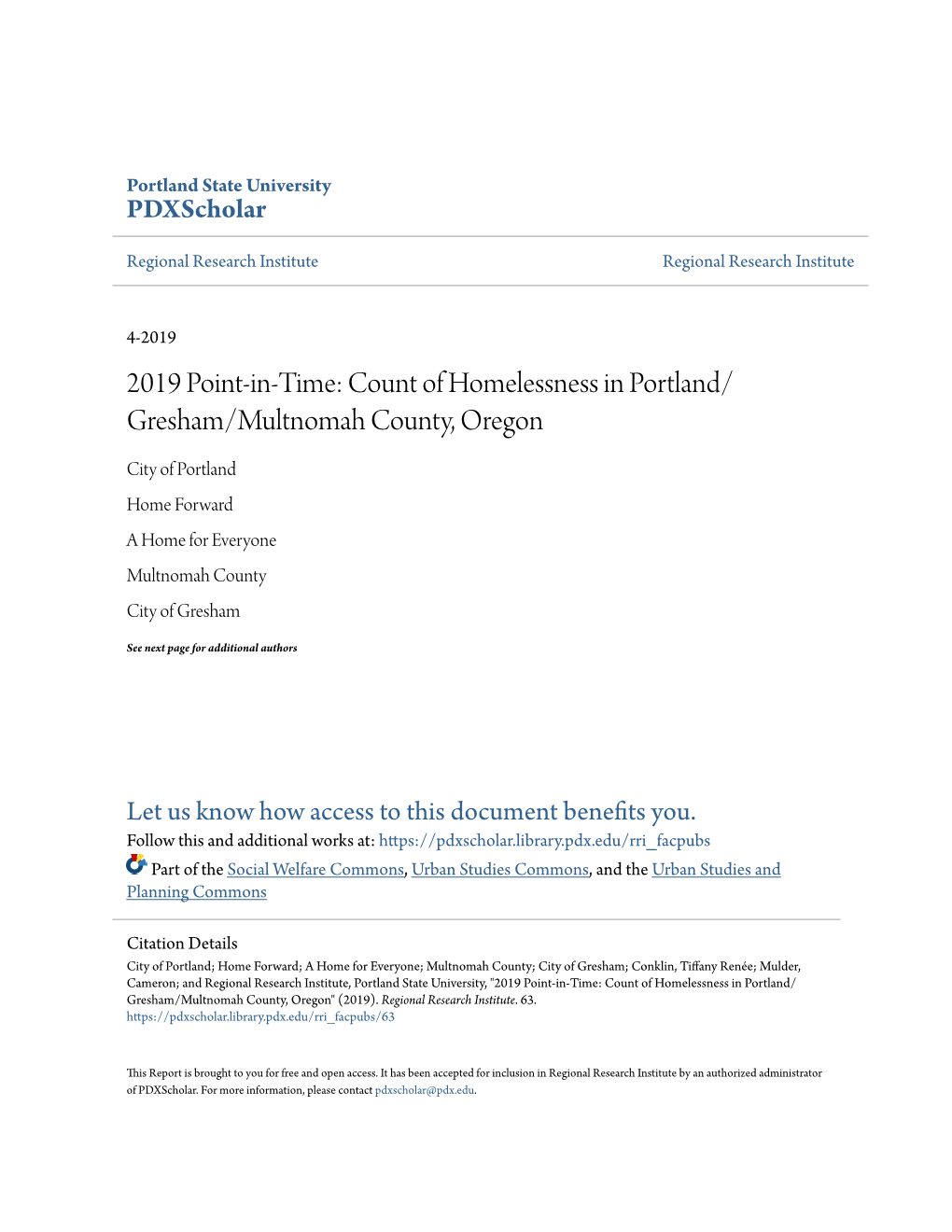 Count of Homelessness in Portland/Gresham/Multnomah County, Oregon