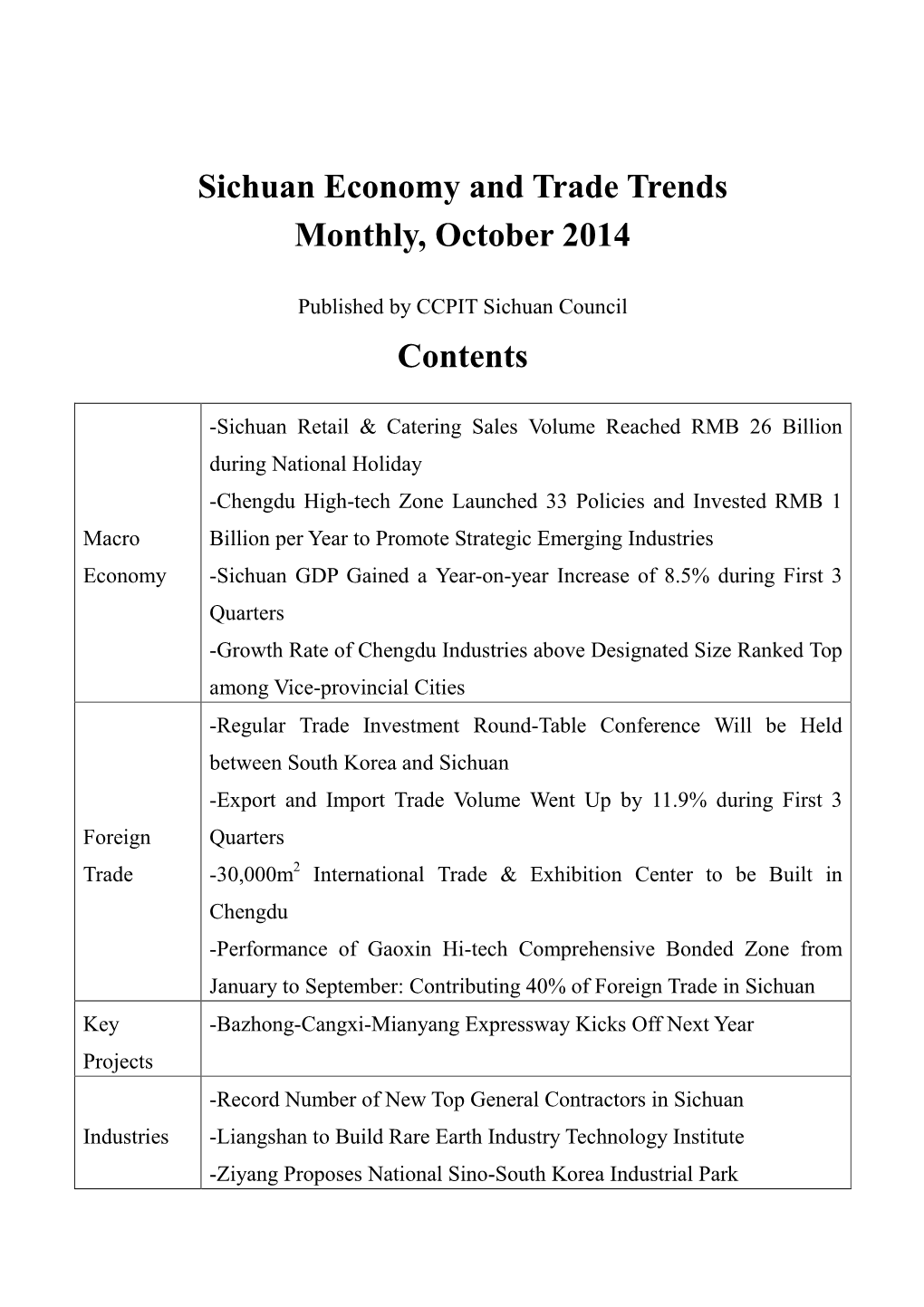 Sichuan Economy and Trade Trends Monthly, October 2014 Contents