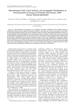 Advertisement Call, Vocal Activity, and Geographic Distribution of Brachycephalus Hermogenesi (Giaretta and Sawaya, 1998) (Anura, Brachycephalidae)