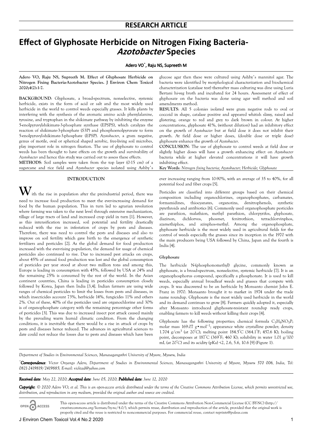 Effect of Glyphosate Herbicide on Nitrogen Fixing Bacteria- Azotobacter Species