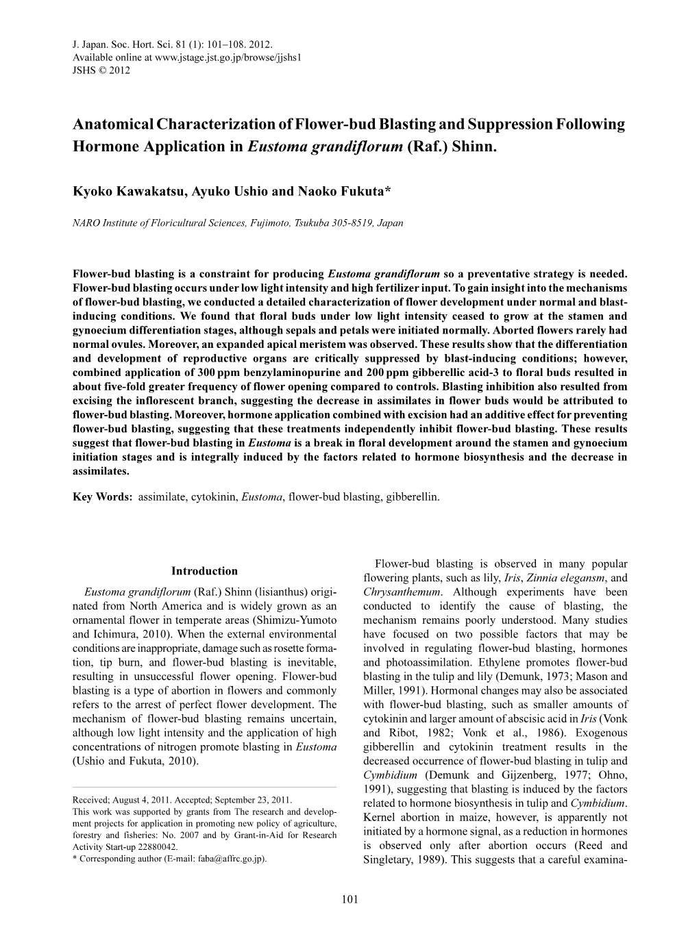 Anatomical Characterization of Flower-Bud Blasting and Suppression Following Hormone Application in Eustoma Grandiflorum (Raf.) Shinn