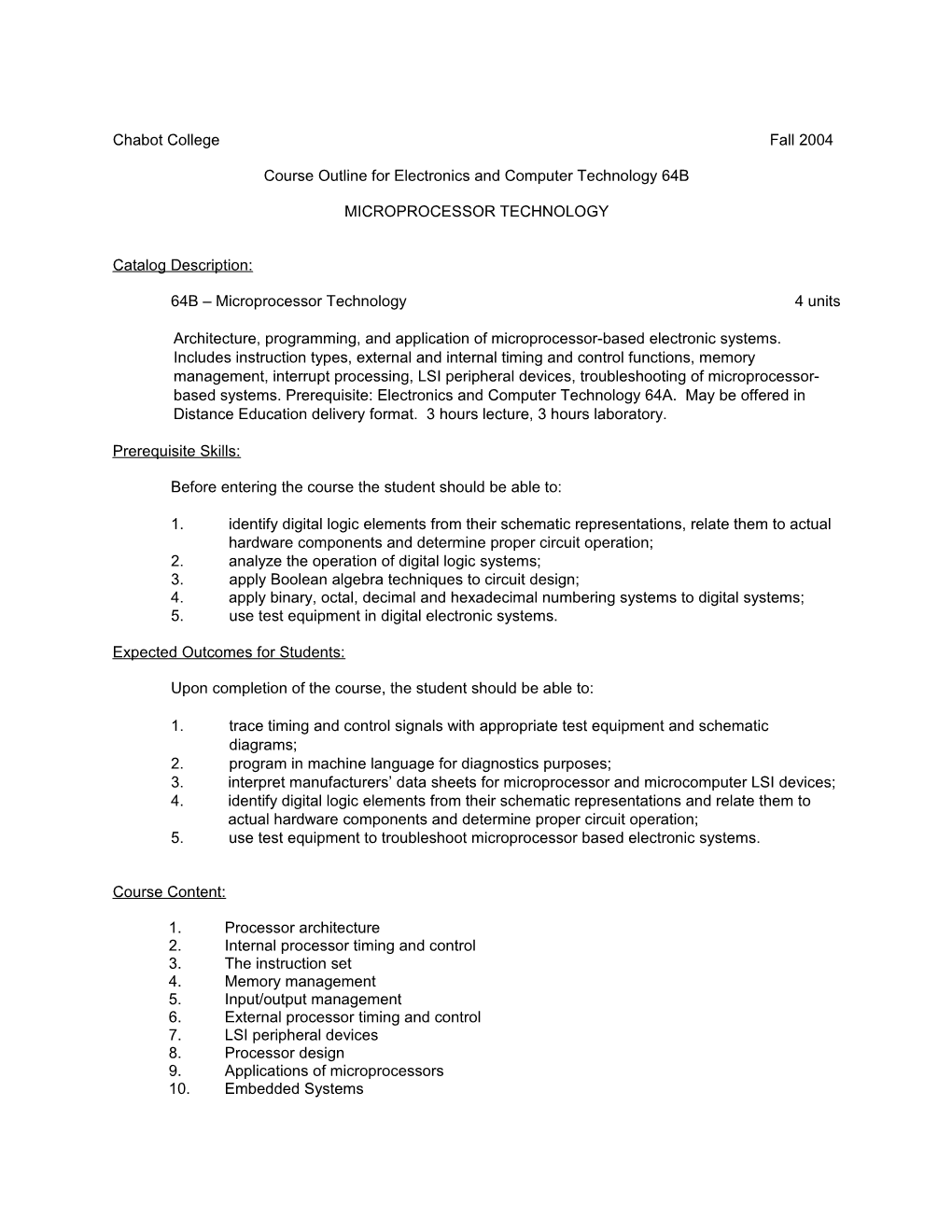 Course Outline for Electronics and Computer Technology 64B