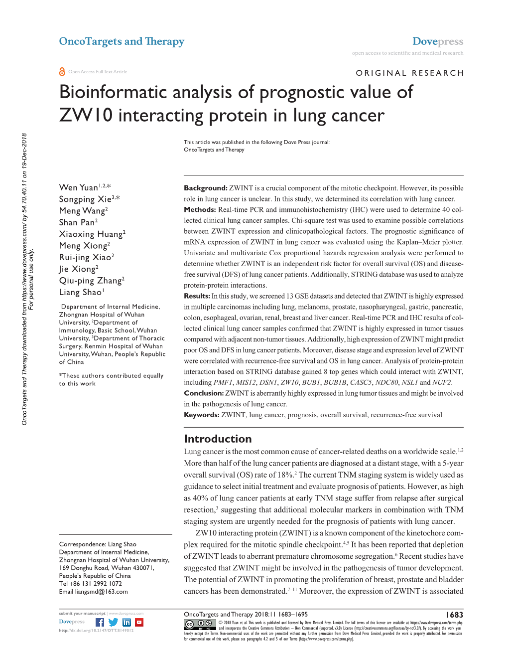 Bioinformatic Analysis of Prognostic Value of ZW10 Interacting Protein in Lung Cancer