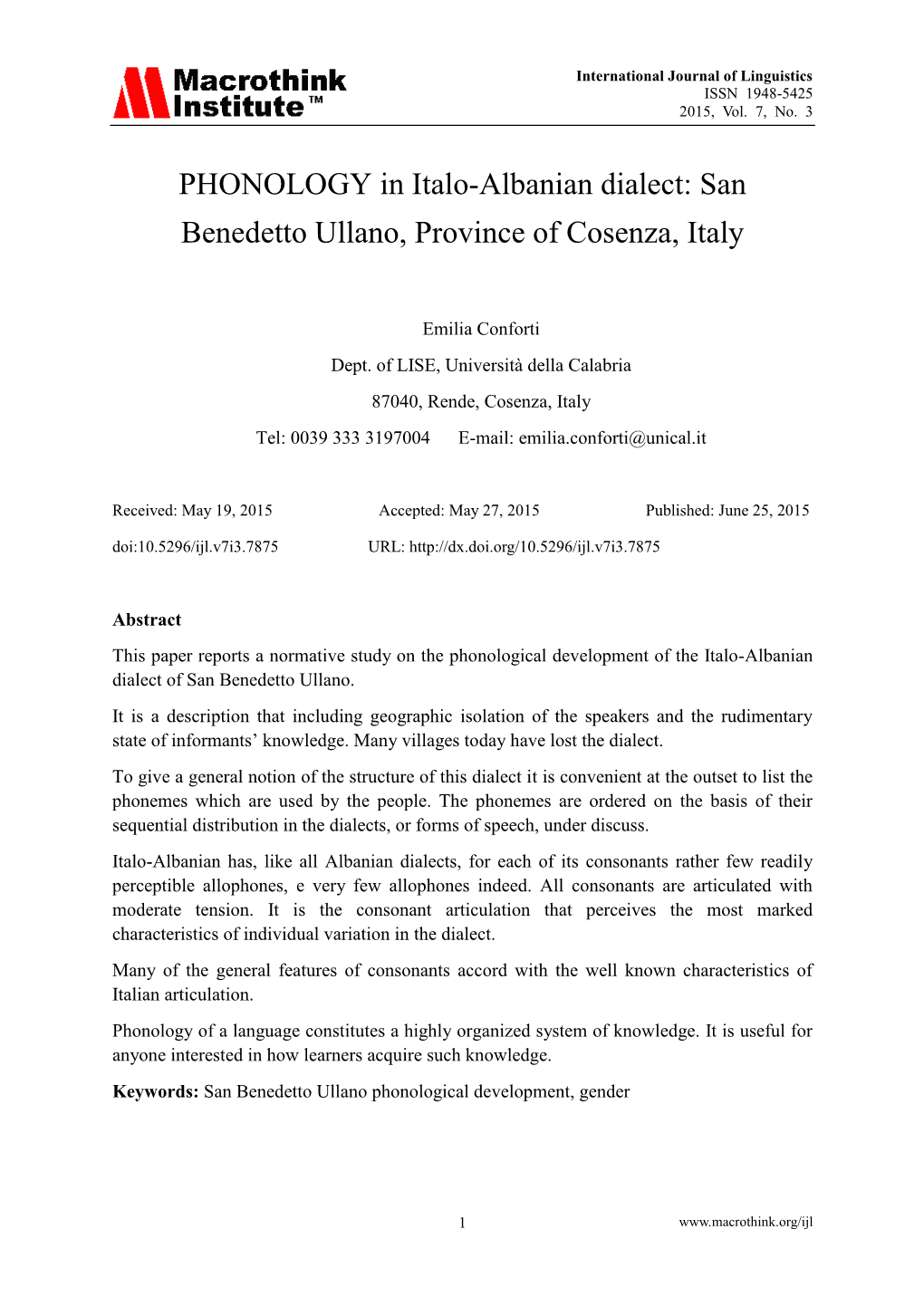 PHONOLOGY in Italo-Albanian Dialect: San Benedetto Ullano, Province of Cosenza, Italy