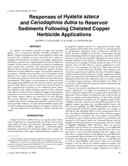 Responses of Hyalella Azteca and Ceriodaphnia Dubia to Reservoir Sediments Following Chelated Copper Herbicide Applications