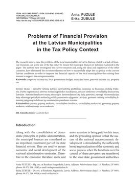 Problems of Financial Provision at the Latvian Municipalities in the Tax Policy Context