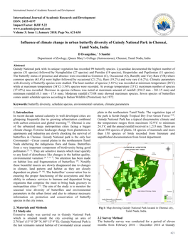 Influence of Climate Change in Urban Butterfly Diversity of Guindy National Park in Chennai, Tamil Nadu, India