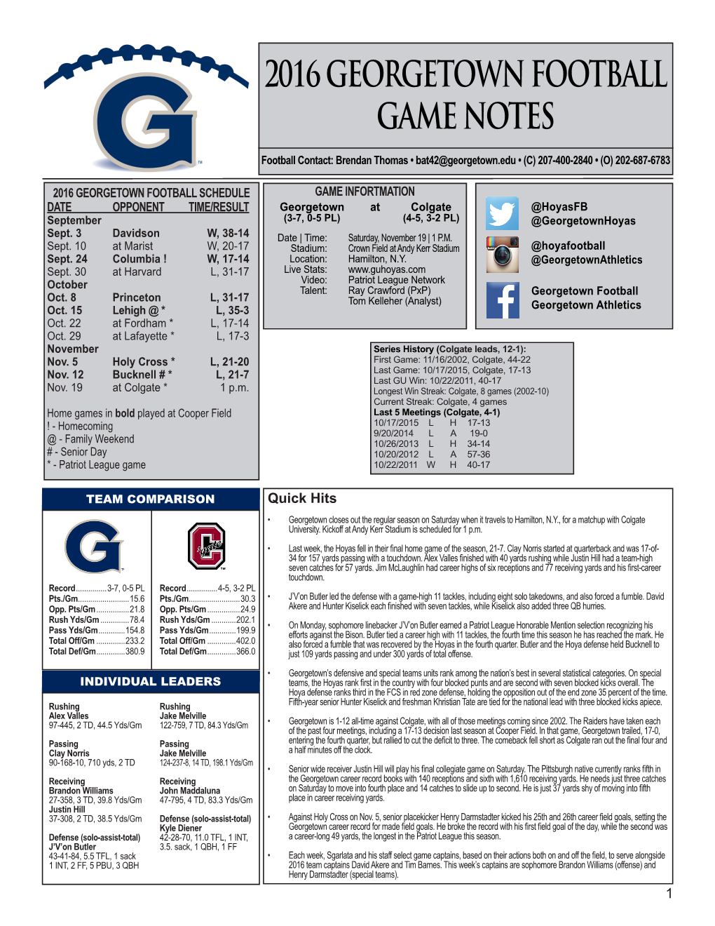 2016 Georgetown Football Game Notes 2016 Georgetown Football Game Notes 2016 Georgetown Football