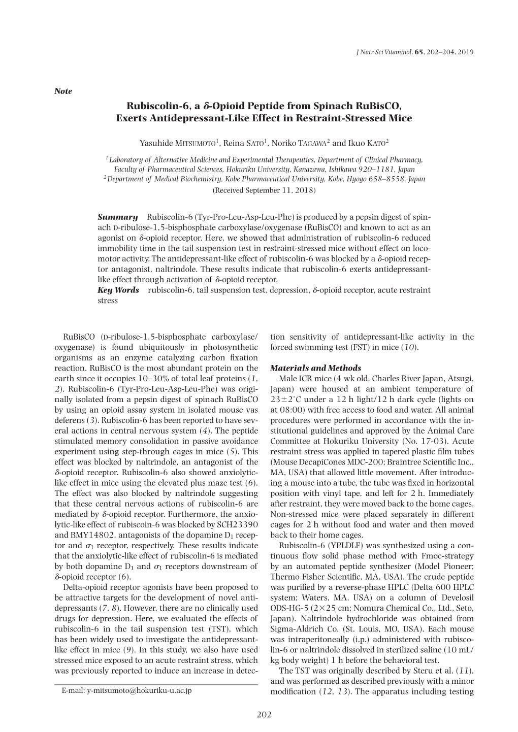 Rubiscolin-6, a D-Opioid Peptide from Spinach Rubisco, Exerts Antidepressant-Like Effect in Restraint-Stressed Mice