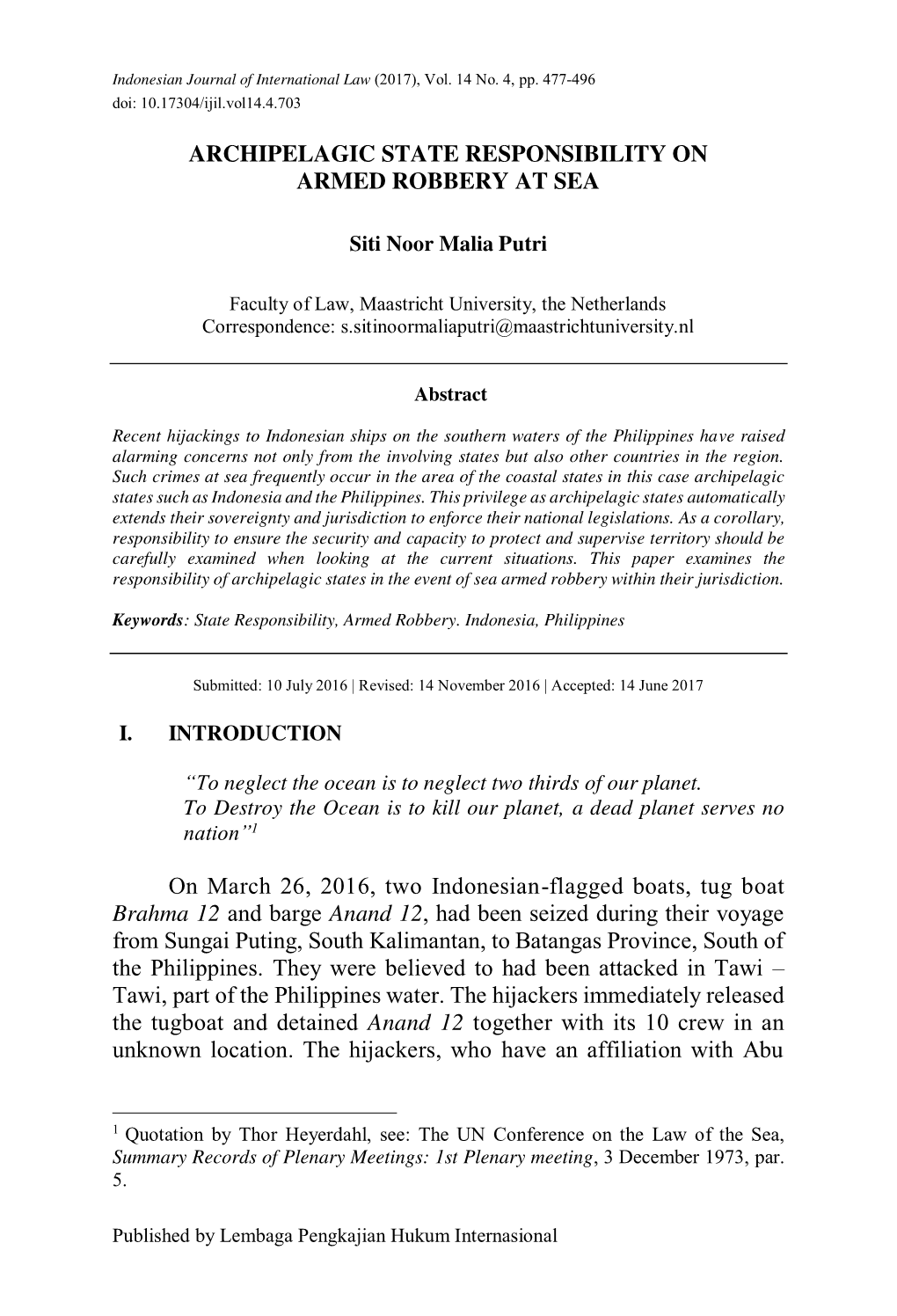 Archipelagic State Responsibility on Armed Robbery at Sea