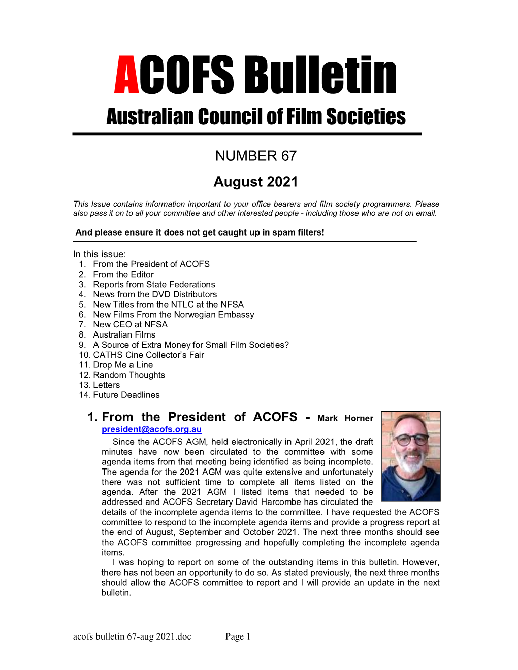 ACOFS Bulletin Australian Council of Film Societies