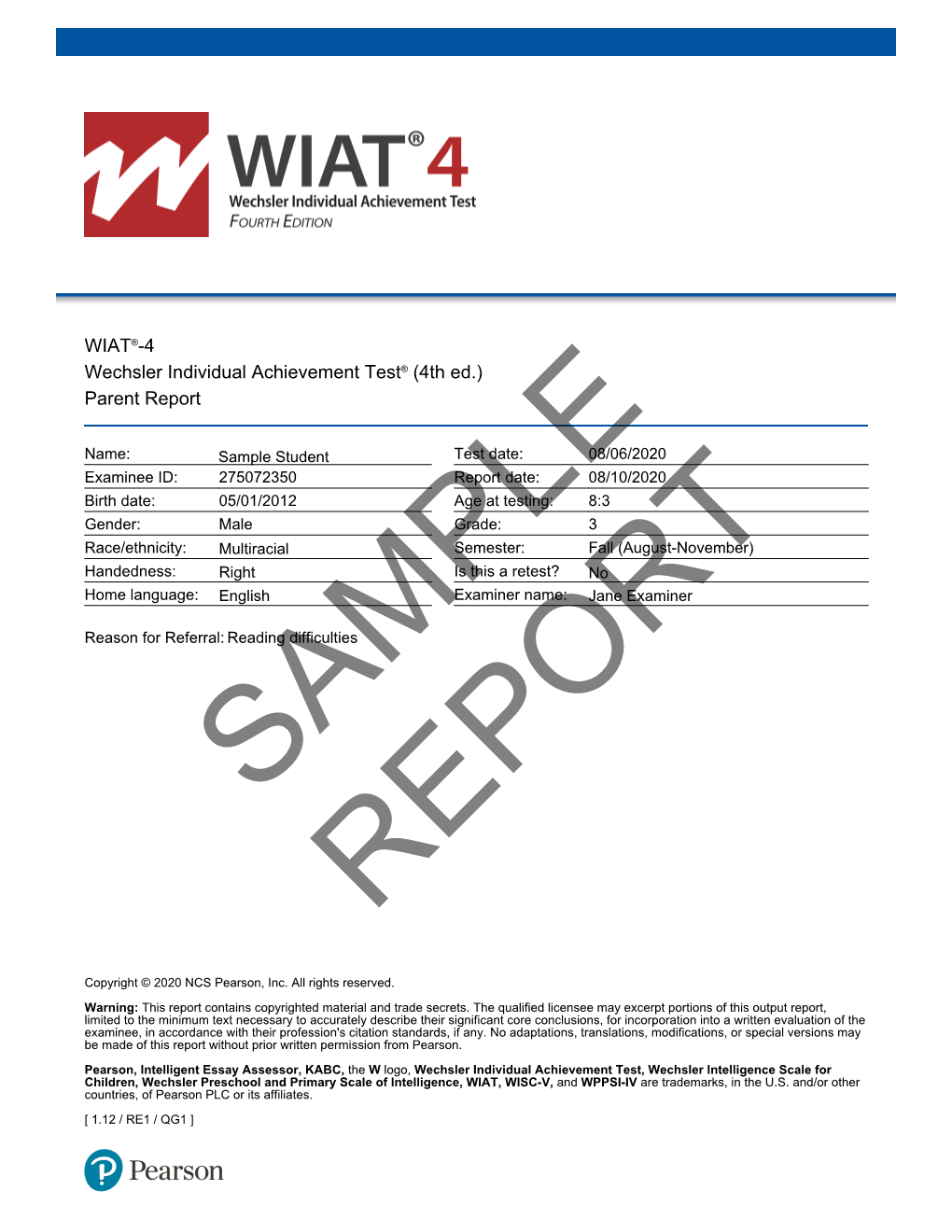 WIAT-4 Sample Parent Report