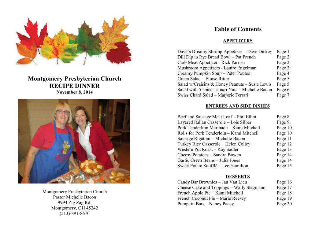 Montgomery Presbyterian Church RECIPE DINNER Table of Contents