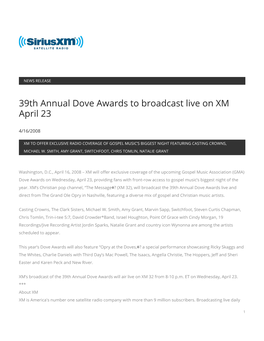 39Th Annual Dove Awards to Broadcast Live on XM April 23